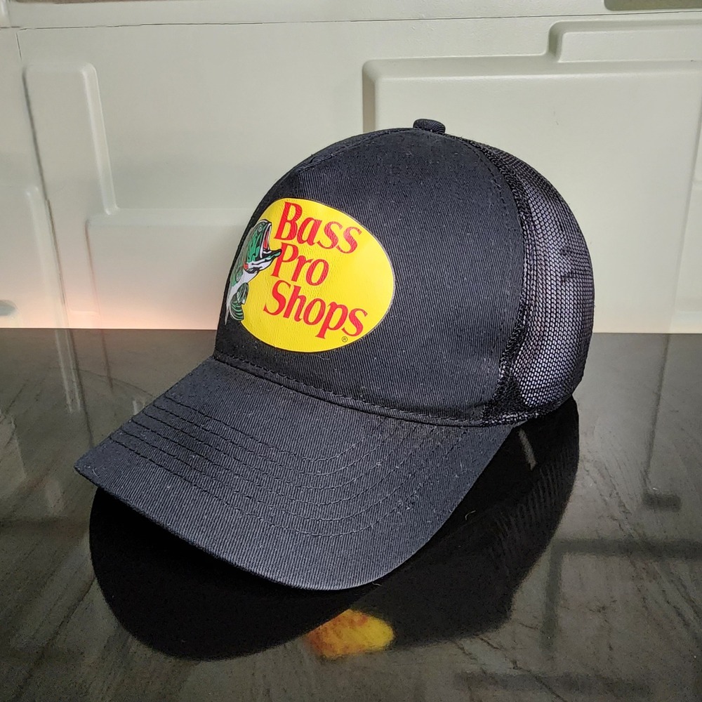 Bass Pro Shops Trucker Hat Mens OSFM Mesh Back Snapback Logo Black Excellent